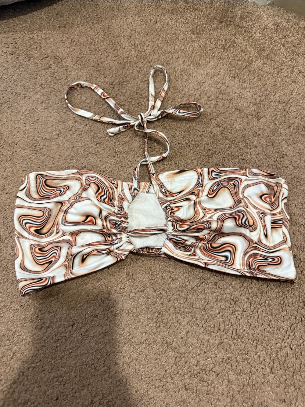 SHEIN Swirl Print Bandeau Halter Bikini Top - Brown & Cream
